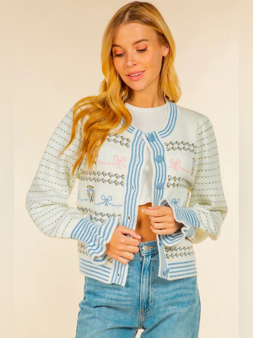 Confete Sunday Up Madison Bow Striped Stitching Ruffled Wrist Cardigan - S/M